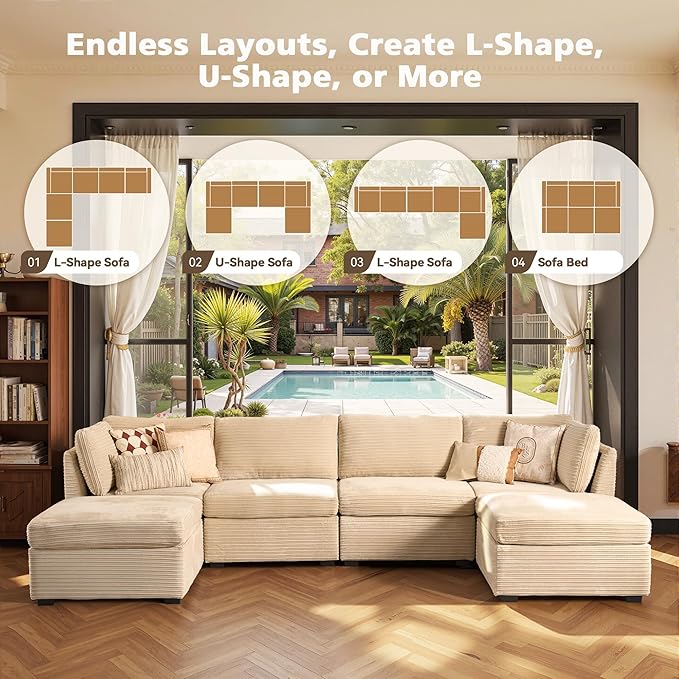 Modular Sectional Sofa, 130.7 Inch U Shaped Couch Set for Living Room, 4-Seater Comfy Cloud Couches with Two Movable Ottoman, DIY Combination, Plush Corduroy, Beige