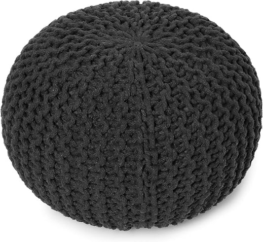 REDEARTH Round Pouf Foot Stool Ottoman - Cotton Hand Knitted Dori Pouffe - Cord Boho Home Décor - Stuffed Cable Poof for Living Room - Bedroom (19.5"x19.5"x14") - Dark Gray