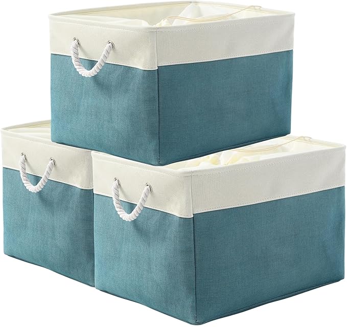 TheWarmHome Storage Bin for Shelves - Extra Jumbo 3 Pack 20.5L×15.7W×13.8H Storage Basket for Organizing, Fabrin Storage cubes with Drawstring Cover for Living Room Bedroom Decor Closet(White & Green