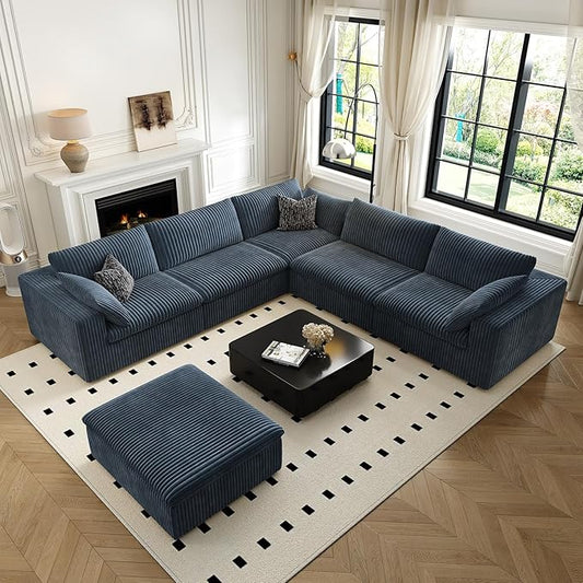 118" Cloud Couch Oversized Modular Sectional Sofa for Living Room,Modern Sofa with Deep Seat,6 Seater Boneless Couch,Comfy Upholstered Corduroy Couches for Apartment, Studio, Office,Bedroom,Blue