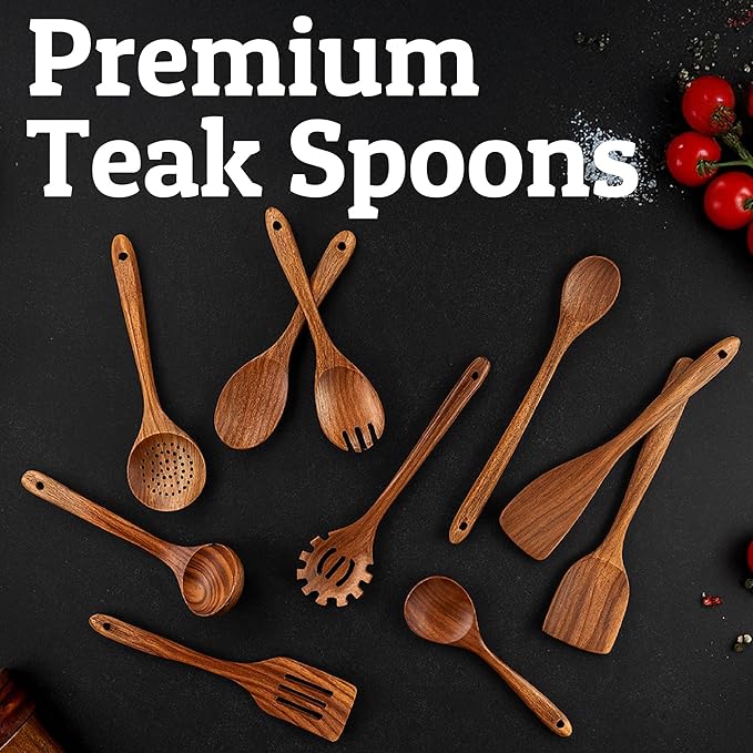 PriorityChef Premium Wooden Spoons for Cooking - 10pc with Spoon Rest and Hanging Hooks, Smooth Finish Teak Wooden Utensil Set, Heat-Resistant & Nonstick Safe, Ideal for Gifting