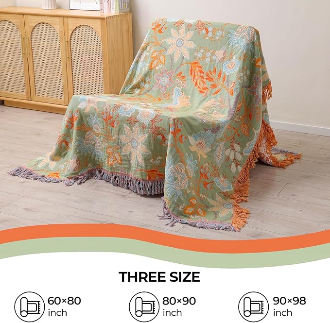 Boho Fall Throw Blanket for Bed,100% Ultra Cotton Soft Breathable Bed Throw Floral Printed Farmhouse Decor Rustic Bed Throws for Couch Sofa Quilt 60" x 80"-Orange& Sage Green