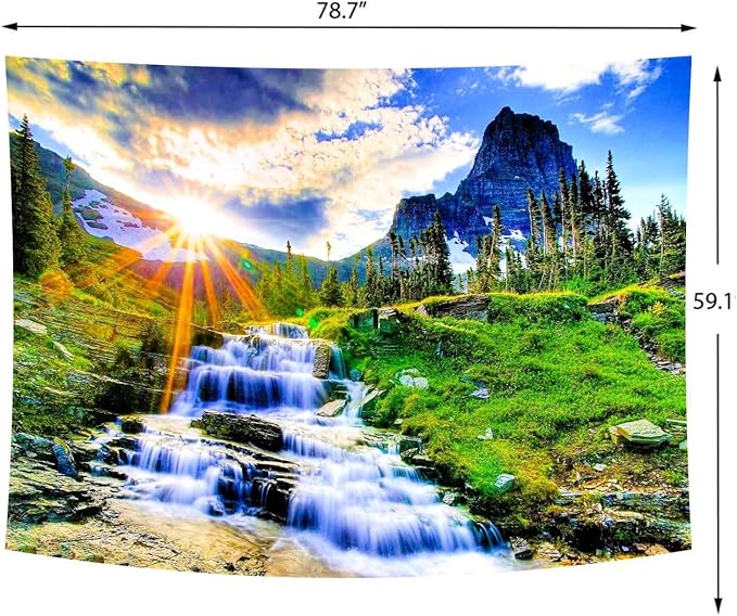 Delur Mountain Waterfall Tapestry Sunset Forest Tree Nature Landscape Tapestry Wall Hanging Tropical Sunrise Rainforest Psychedelic Scenic Headboard for Bedroom Living Room Home Decor (59.1" x 78.7")
