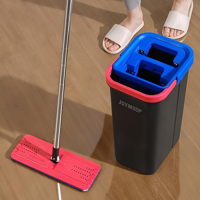 JOYMOOP Mop and Bucket Set for Home, Hands-Free Self-Cleaning System, with 5 Reusable Microfiber Mop Pads, Suitable for Floor Cleaning and Wall Cleaner - Black+Red+Slate Blue