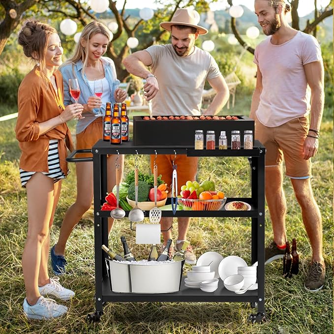 Outdoor Grill Cart Table,Indoor and Outdoor Pizza Oven Table,with 4 Movable Total Lock Casters, Hooks, Side Handle Multifunctional (Black)