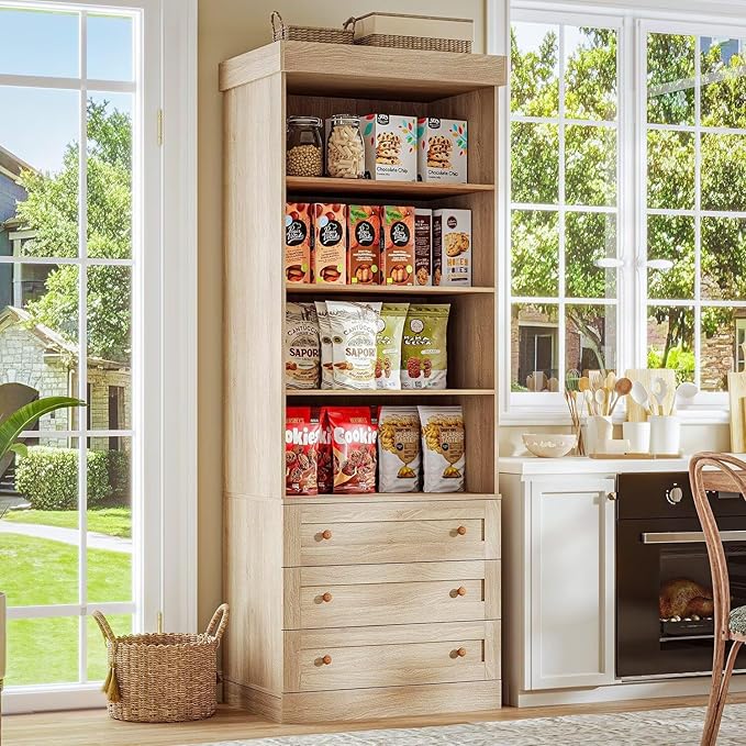 Vyre 71" Tall Farmhouse Bookshelves with Drawers, Large Modular Bookcase with Adjustable Shelves, Storage Cabinet for Living Room, Home Office, Kitchen, Brown