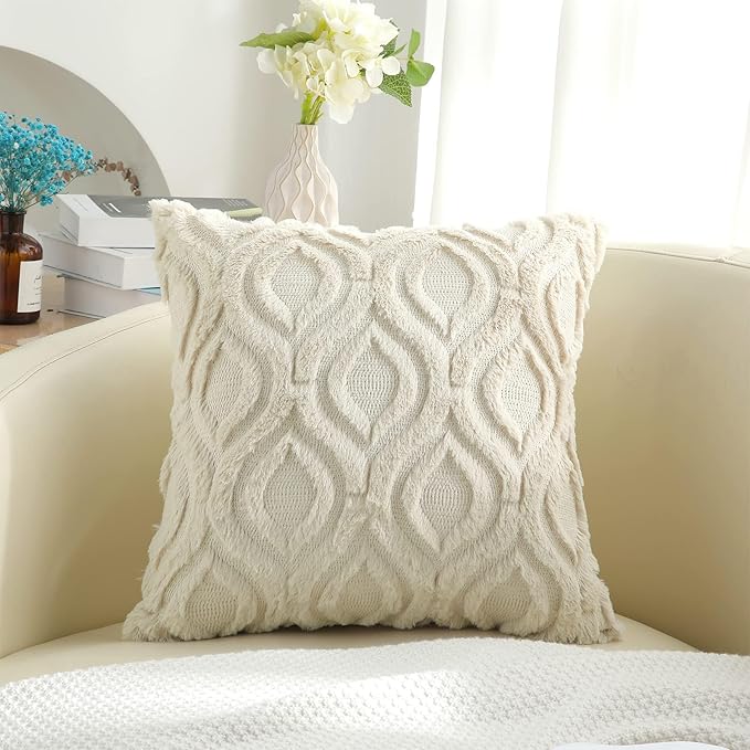 decorUhome Fall Throw Pillow Covers 22x22 Inch Set of 2, Soft Plush Decorative Faux Fur Beige Solid Couch Pillow Covers, Accent Farmhouse Neutral Square Euro Pillow Cases for Sofa Bed Living Room