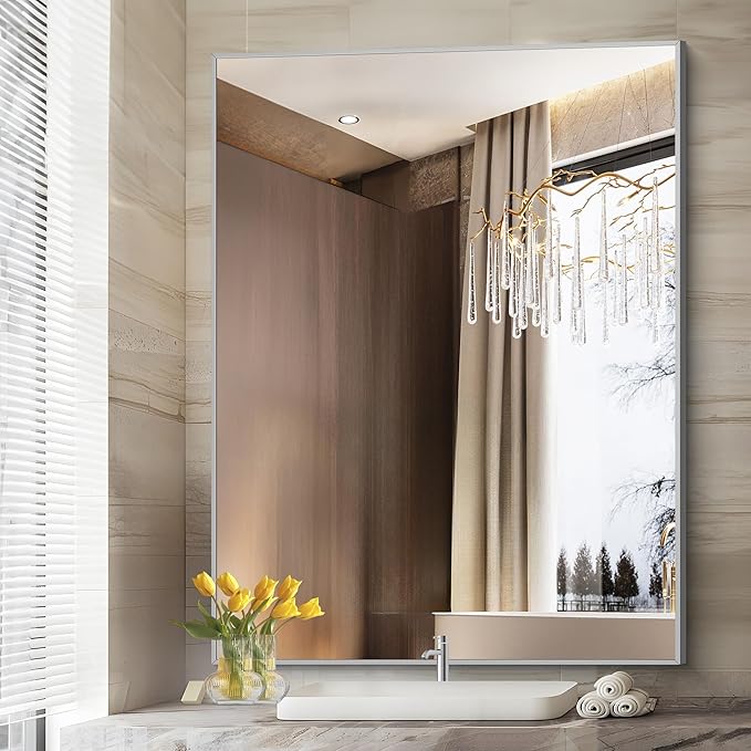 Silver Bathroom Mirror, 48"X36" Rectangle Mirrors for Wall Metal Frame, Bathroom Rectangular Mirror Modern Wall Mirror for Bedroom Living Room, Hangs Horizontal or Vertical