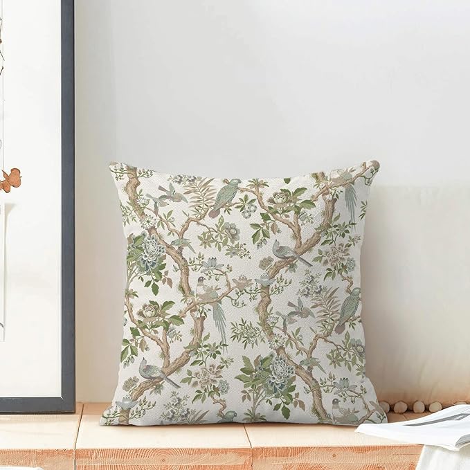 CXMEIFLY Chinoiserie Spring Pillow Covers 16 x 16 Inch Set of 2 for Sage Green Blue Vintage Flowers Bird Decor Throw Pillows Plant Farmhouse Outdoor Decorative Cushion Cases for Couch Bed Decorations
