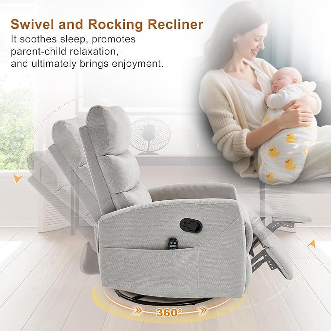 Manual Swivel Rocker Recliner Chair for Adults, Overstuffed Reclining Glider Chair for Nursing with Vibration Massage & Heat, Living Room Rocking Recliner 3-Stage backrest, Chenille Fabric Light Gray