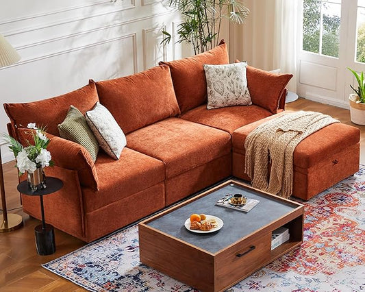 102.6" Modular Sectional Sofa, L Shaped Couch Set for Living Room, 3-Seater Comfy Cloud Couches with Movable Storage Ottoman,DIY Combination - Chenille Terracotta Orange