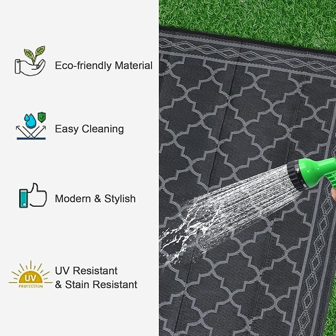 GAOMON Outdoor Rug 9'x12' Waterproof Rug for Patio Decor, Foldable Reversible Plastic Straw Area Rugs Mat for Camper, Outside Carpet for Deck, Porch, Picnic, Beach, Black/Grey(Geometric)