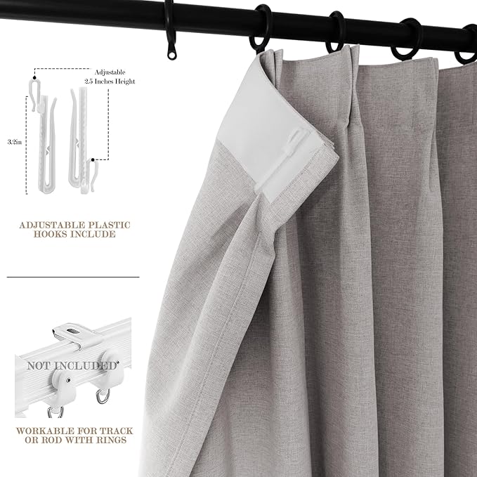 70" W x 108" L Faux Linen Room Divider Curtains, Full Blackout Pinch Pleated Drapes for Traverse Rod, Bedroom Divider Privacy Drapery with Hooks for Ceiling Track, 1 Panel, Browish Grey