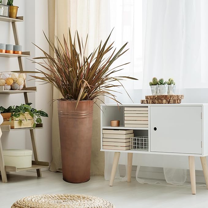 KOL 28'' Tall Galvanized Steel Planter Pot - Flower Pot with Water Level Indicator for Plants - 2 Pack Self Watering Planters - Round Bronze Powder Metal Planter Box - Indoor Outdoor Grande Plant