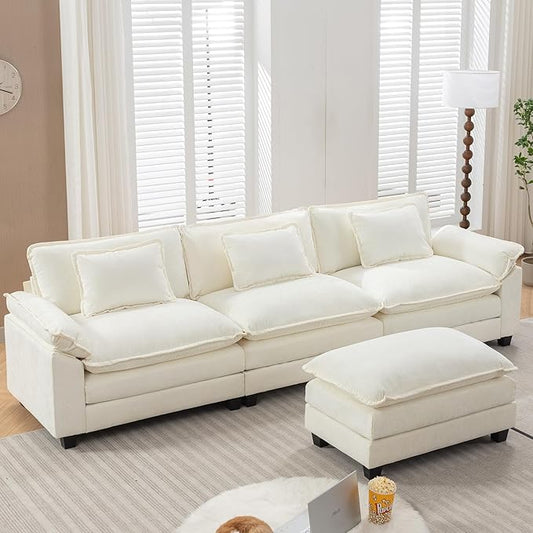 URRED Modular Sectional Sofa Comfy Cloud Couch, Modern Chenille Sofa Sleeper Deep Seat Couches with Ottoman/Pillows for Living Room (White, 117''- L Shape)