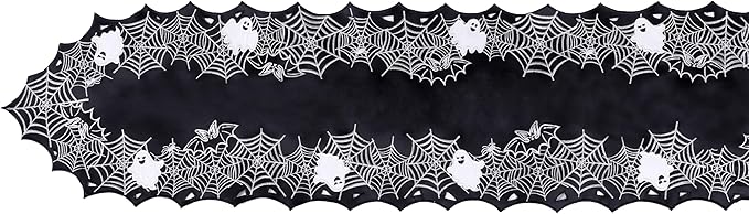 Chlophy Halloween Table Runner Black Spider Web Table Runner Gothic Embroidered for Kitchen Dining Halloween Décor Home Party Table Decoration 54in