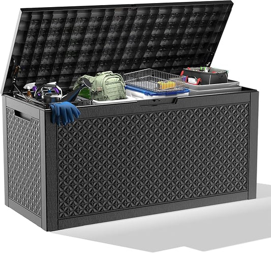 100 Gallon Resin Deck Box, Lockable Outdoor Storage Box for Patio Cushions Storage Furniture,Garden Tools, Pool Supplies, Weatherproof and UV Resistant(Black L)
