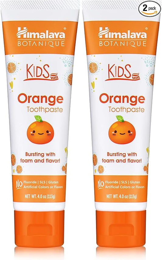 Himalaya Botanique Kids Toothpaste, Herbal, Orange Flavor, Fights Plaque, Fluoride Free, Gentle, No Artificial Flavors or Colors, SLS Free, Gluten Free, Cruelty Free, Vegan, Foaming, 4 Oz, 2 Pack…