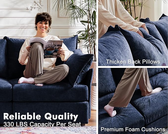 Oversized Accent Chair, Upholstered Modern Sofa Chair with Removable Backrest & Detachable Cover, 24.5" Deep Seat Large Reading Armchair for Living Room Bedroom Office - Chenille Blue Set of 2