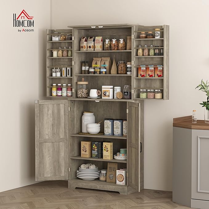 HOMCOM 72" Farmhouse Kitchen Pantry Cabinet, Freestanding Tall Storage Cabinet with 4 Barn Doors, 4 Adjustable Shelves and 8 Door Shelves, Gray Wash