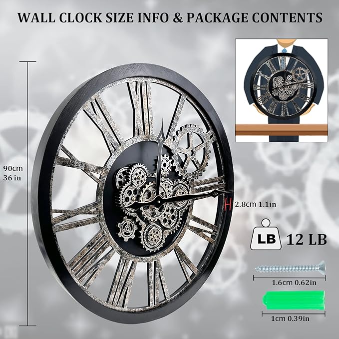HOIBAI Large Wall Clock, Wall Clocks for Living Room Decor 36 Inch Farmhouse Vintage Rustic Kitchen Wall Decor Vintage Roman Oversized Wall Clock for Home Bedroom House, Moving Gears Clock
