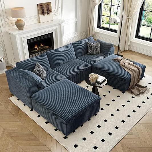 118" Cloud Couch Modular Sectional Sofa for Living Room,Modern Sofa with Deep Seat,U-Shape Boneless Couch with 2 Ottoman,Comfy Upholstered Corduroy Couches for Apartment, Studio, Office,Bedroom,Blue