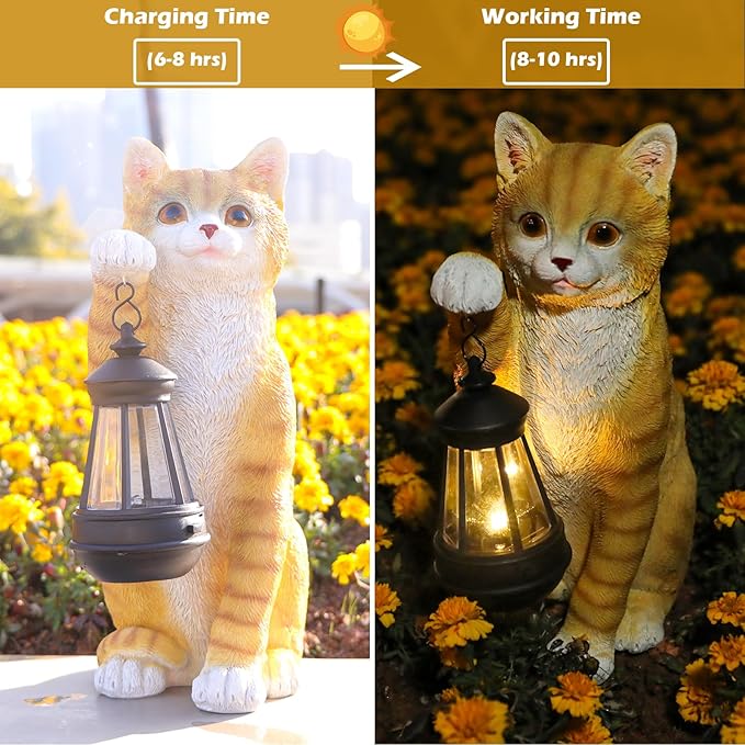 Solar Powered Outdoor Cat Garden Statue, Crafted Garden Sculptures & Statues for Patio, Yard, Lawn, Gardening Gifts for Women and Mom(11" Cat)