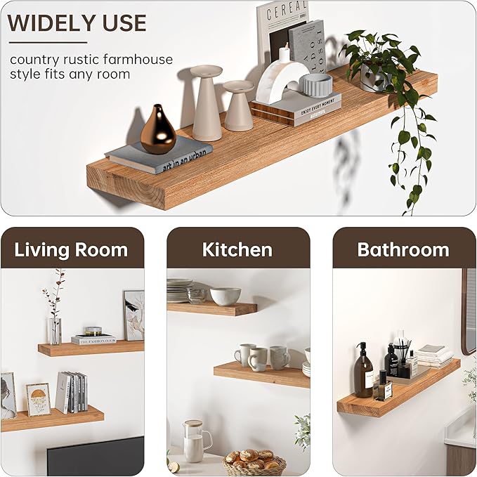 Floating Shelves for Wall, USA-Sourced Fir Wood 55 Inch Wall Shelves Set of 1, Natural Rustic Solid Wooden Floating Shelves Wall Mounted, Nursery Book Storage Shelf, Display Shelf for Bathroom