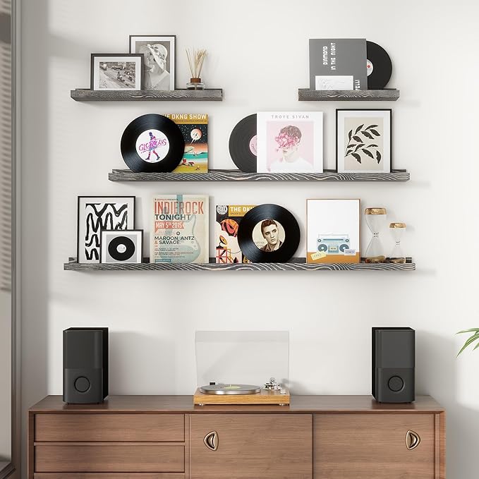 Picture Ledge Wall Shelves 56 Inches Width Set of 3, Solid Pine Wood Rustic Floating Ledge for Kids' Room Bedroom Kitchen Bathroom, Long Floating Shelves for Wall Decor, Grey