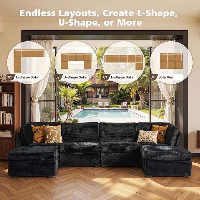 Modular Sectional Sofa, 130.7 Inch U Shaped Couch Set for Living Room, 4-Seater Comfy Cloud Couches with Two Movable Ottoman, Plush Corduroy, Black
