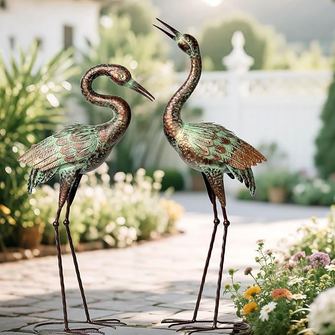 Shorayn Garden Crane Statues, Blue Heron Sculptures for Outdoor, Cranes Decor Metal Bird, Patina Garden Art Lawn Ornaments for Yard Patio Porch Outside Decorations