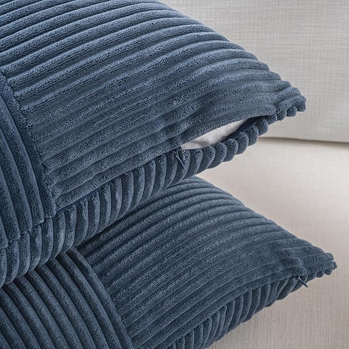 Fancy Homi 2 Packs Dusty Blue Long Lumbar Decorative Throw Pillow Covers 16x24 Inch for Couch Bed Sofa, Rustic Farmhouse Boho Home Decor, Soft Striped Corduroy Rectangle Accent Cushion Case 40x60 cm