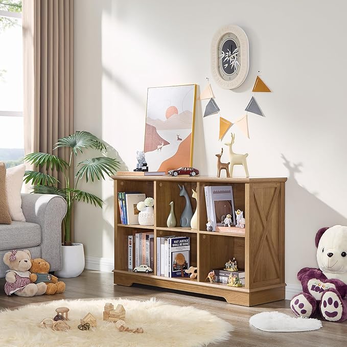 Farmhouse 6 Cube Bookshelf, Storage Organizer Bookcase, Kids Toy Storage Cabinet, Long Bookshelves Storage Organizer Shelf, Wood Display Cabinet Book Shelves for Bedroom,Living Room,Natural Oak