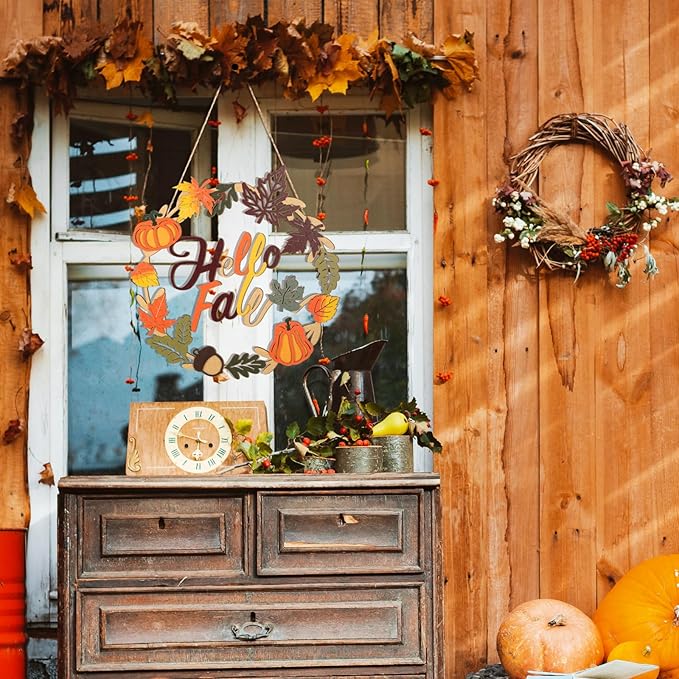Fall Decoration Hello Fall Wreaths for Front Door, Wooden Welcome Maple Leaf Pumpkin Door Sign Ornament, Wood Farmhouse Wooden Hanging for Autumn Harvest Home Halloween Decoration
