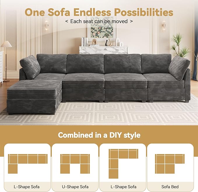 Modular Sectional Sofa, 130.7 Inch U Shaped Couch Set for Living Room, 4-Seater Comfy Cloud Couches with Two Movable Ottoman, Plush Corduroy, Gray