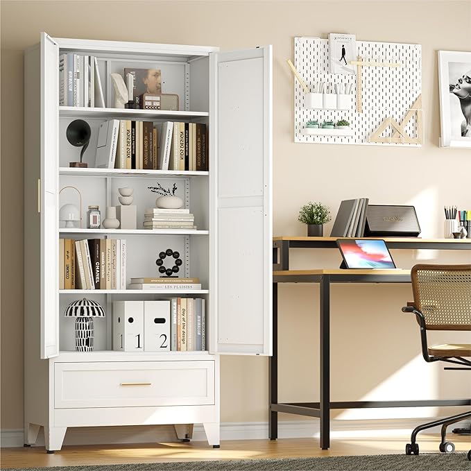 71 "Farmhouse Metal Filing Cabinet with a Drawer and 4 Adjustable Shelves, with 2 Large barn Door White Kitchen Cabinets, Metal Food Cabinets for Home, Kitchen, Dining/Living Room (White)