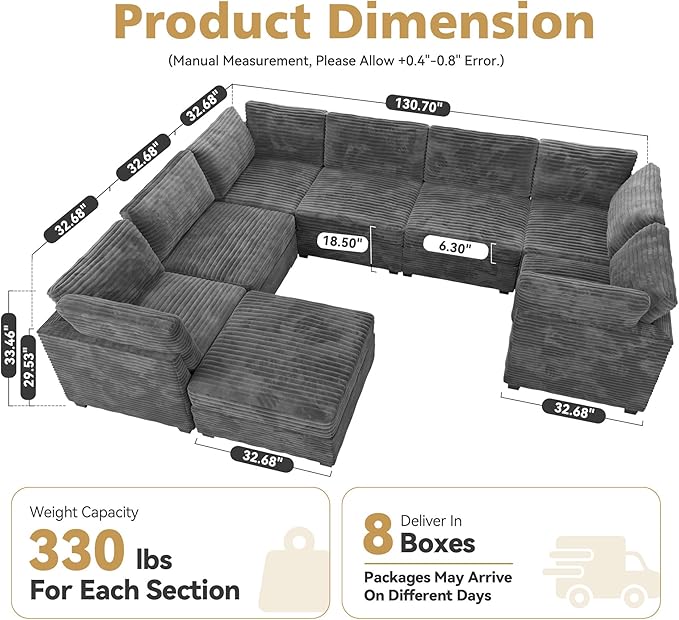 Modular Sectional Sofa with Chaise U Shaped Sectional Couch for Living Room, 8-Seater Comfy Cloud Couches with One Movable Ottoman, Plush Corduroy, Gray