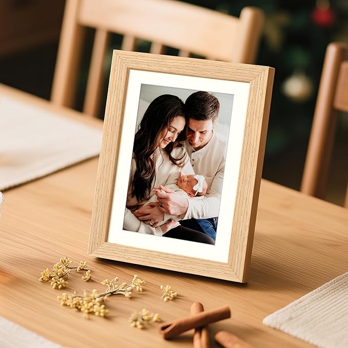 upsimples 5x7 Picture Frame, Natural Solid Wooden Picture Frames, Display 4x6 with Mat or 5 x 7 Without Mat, Wall or Tabletop, 1 Pack, Natural