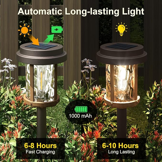 XMCOSY+ Solar Pathway Lights, Garden Solar Lights, 20 LM LED Glass Water Lens, IP65 Waterproof Solar Powered Light for Outside Driveway Walkway Landscape Backyard Sidewalk (Black & Brown)