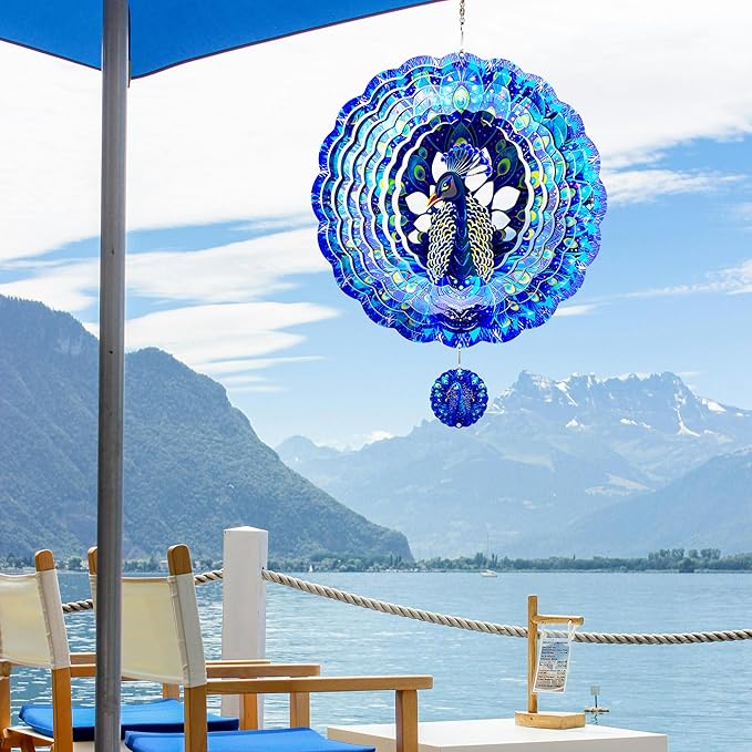Peacock Gifts for Women, Peacock Wind Spinner Garden Decor, 12 inch 3D Hanging Wind Spinners Outdoor