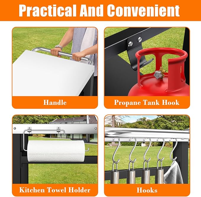 Outdoor Grill Table, Movable Dining Cart, Pizza Oven Table Stand, Double-Shelf Grill Stand, Food Prep and Work Cart with Wheels, Hooks, Fits for Blackstone Ninja
