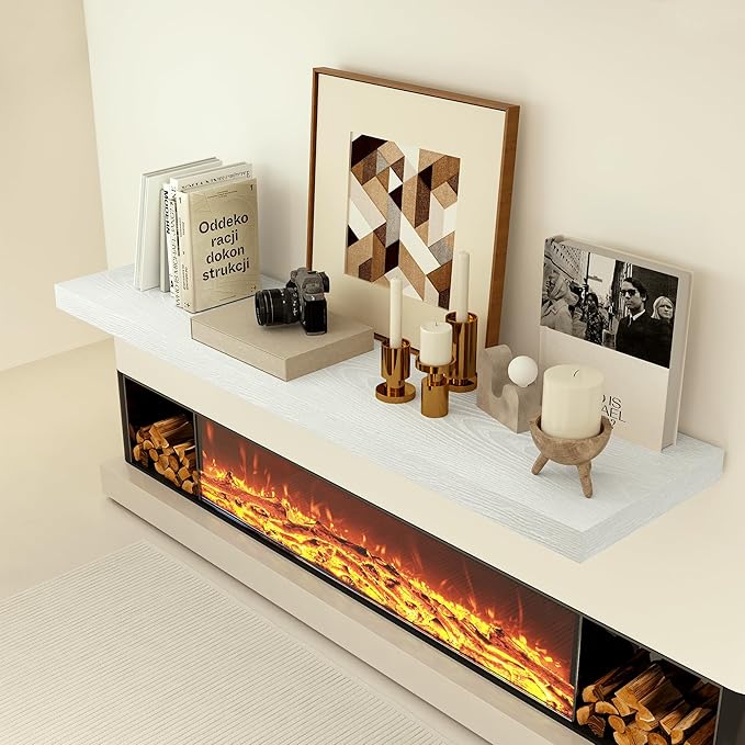 Heimlove 12 Inch Deep Floating Shelves, 48 x 12 inches Long, Large Display & Storage Shelf, Rustic Wood Wall Shelves for Fireplace Mantel, Set of 1(White)