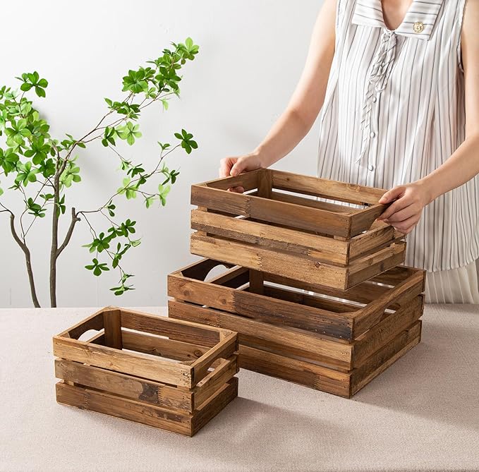 Set of 3 Nesting Wooden Crates, Rustic Wooden Storage Container Boxes with Cutout Handles, Decorative Farmhouse Wood Baskets for Display (Natural)