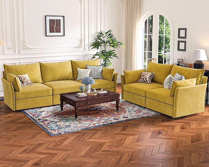135.5" Oversized Modular Sectional Sofa, L Shaped Convertible Couch with Movable Ottoman, Large 6 Seat Corner Couches for Living Room Deep Seat Yellow Chenille