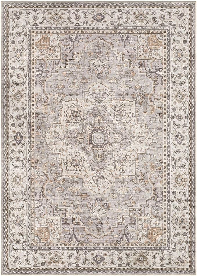 Washable Area Rugs for Living Room - 8x10 Neutral Vintage Distressed Floral Farmhouse Boho Large Soft Floor Rug Indoor Non Slip Carpet for Bedroom Dining Room Office - Grey Brown