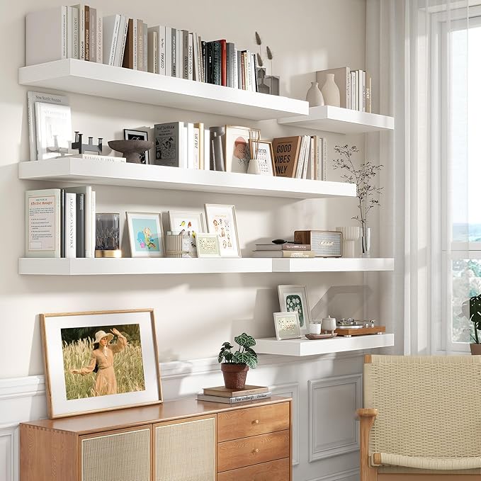 White Floating Shelves for Wall - 55 Inch Wide x 12 Inch Deep Wall Shelves Set of 1 - Rustic White Wood Shelves for Living Room, Bathroom, Laundry Room, Bedroom, Kitchen, Home Office