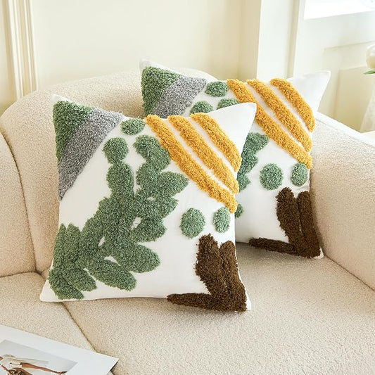 HOdo Home 18x18 Throw Pillow Covers, 2PCS Tufted Boho Jacquard Pillow Covers,Farmhouse Decorative Pillow Cover,Pillow Cases for Couch Sofa Bed Stylish Decor, Simple Textured Cushion Sham