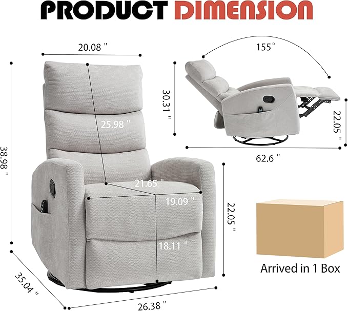 Manual Swivel Rocker Recliner Chair for Adults, Overstuffed Reclining Glider Chair for Nursing with Vibration Massage & Heat, Living Room Rocking Recliner 3-Stage backrest, Chenille Fabric Light Gray