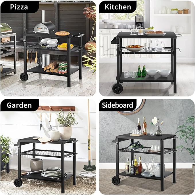 Dining Cart Table with Three Shelf, Movable Outdoor BBQ Grill Pizza Oven Stand with Three Hooks, Kitchen Cart Island Multifunctional Food Prep Table for Inside and Outside (Black)