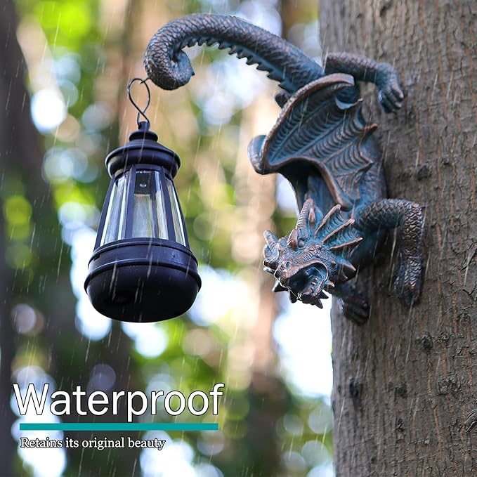 Solar Dragon Tree Hugger Statue Wall Decor - Gothic Garden Statue with Solar Lantern, Outdoor&Yard Decor, Fantasy Dragon Figurine for Trees, Walls, or Fences - Unique Gift for Adults, Men & Women